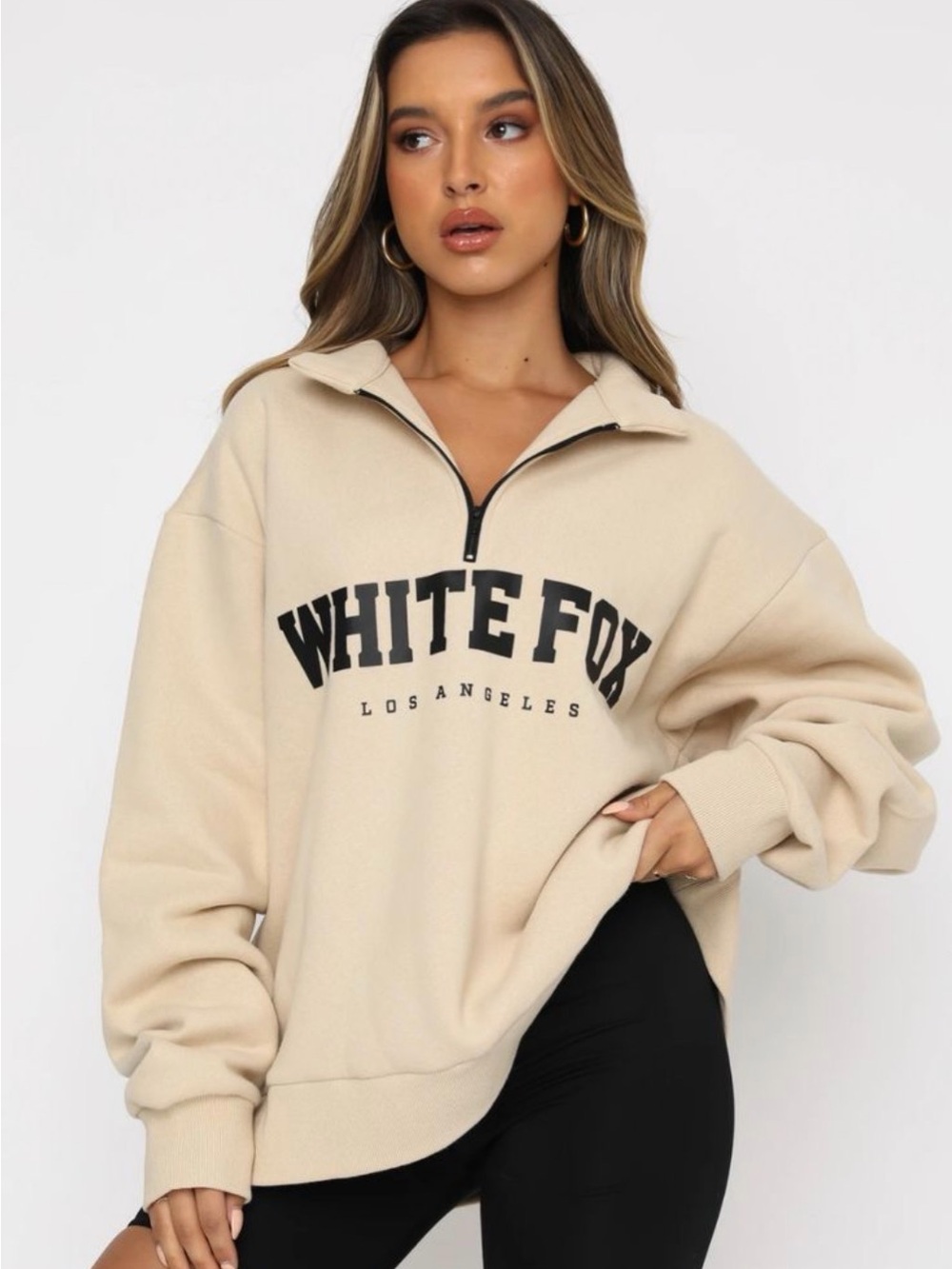 NWT White Fox High Standard Zip Front Sweater in Sand